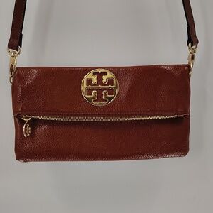 Tory Burch Crossbody Bag Fold Over Chestnut Clutch Convertible READ
